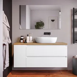 Mobile bagno sospeso 130 cm white satinato con vano reversibile e top rovere gold con specchio - Anami