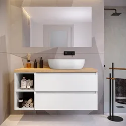 Mobile bagno sospeso 130 cm white satinato con vano a giorno reversibile e top rovere gold con specchio - Anami