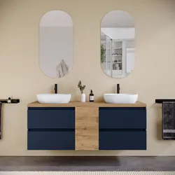 Mobile bagno sospeso 150 cm blu satinato con vano reversibile e top rovere gold con specchio - Anami