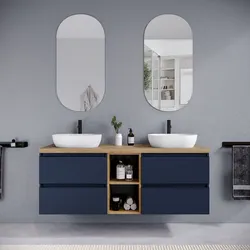 Mobile bagno sospeso 150 cm blu satinato con vano a giorno reversibile e top rovere gold con specchio - Anami