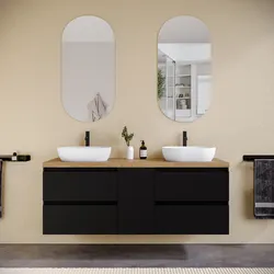 Mobile bagno sospeso 150 cm nero satinato con vano reversibile e top rovere gold con specchio - Anami