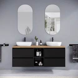 Mobile bagno sospeso 150 cm nero satinato con vano a giorno reversibile e top rovere gold con specchio - Anami