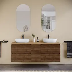 Mobile bagno sospeso 150 cm noce maya con vano e top rovere gold con specchio - Anami