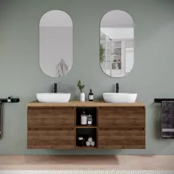 Mobile bagno sospeso 150 cm noce maya con vano a giorno reversibile e top rovere africa con specchio - Anami