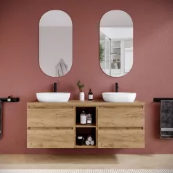 Mobile bagno sospeso 150 cm rovere africa con vano a giorno reversibile e top con specchio - Anami