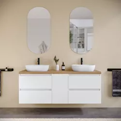 Mobile bagno sospeso 150 cm white satinato con vano e top rovere africa con specchio - Anami