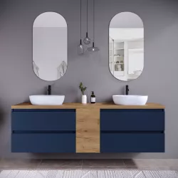 Mobile bagno sospeso 190 cm blu satinato con vano reversibile e top rovere africa con specchio - Anami