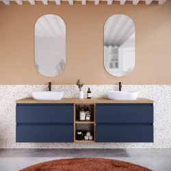 Mobile bagno sospeso 190 cm blu satinato con vano a giorno reversibile e top rovere africa con specchio - Anami