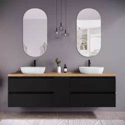 Mobile bagno sospeso 190 cm nero satinato con vano reversibile e top rovere africa con specchio - Anami