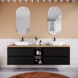 Mobile bagno sospeso 190 cm nero satinato con vano a giorno reversibile e top rovere africa con specchio - Anami