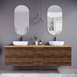 Mobile bagno sospeso 190 cm noce maya con vano reversibile e top rovere africa con specchio - Anami