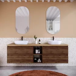 Mobile bagno sospeso 190 cm noce maya con vano a giorno reversibile e top rovere africa con specchio - Anami