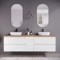 Mobile bagno sospeso 190 cm white satinato con vano reversibile e top rovere africa con specchio - Anami