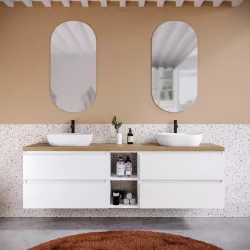 Mobile bagno sospeso 190 cm white satinato con vano a giorno reversibile e top rovere africa con specchio - Anami