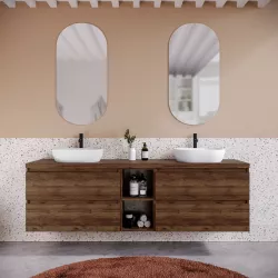 Mobile bagno sospeso 190 cm noce maya con vano a giorno reversibile e top con specchio - Anami