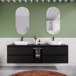 Mobile bagno sospeso 190 cm nero satinato con toletta e top con specchio - Anami