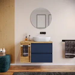 Mobile bagno sospeso 90 cm blu satinato con toletta reversibile e top rovere gold con specchio - Anami