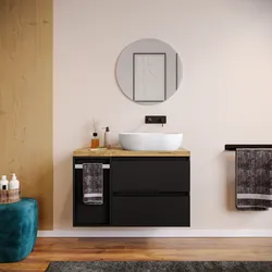 Mobile bagno sospeso 90 cm nero satinato con toletta reversibile e top rovere gold con specchio - Anami