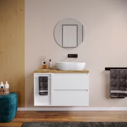 Mobile bagno sospeso 90 cm white satinato con toletta reversibile e top rovere gold con specchio - Anami