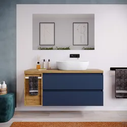 Mobile bagno sospeso 130 cm blu satinato con toletta reversibile e top rovere gold con specchio - Anami