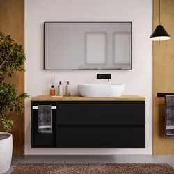 Mobile bagno sospeso 130 cm nero satinato con toletta reversibile e top rovere gold con specchio - Anami