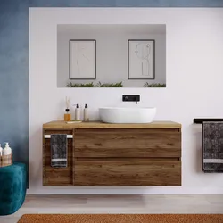 Mobile bagno sospeso 130 cm noce maya con toletta reversibile e top rovere gold con specchio - Anami