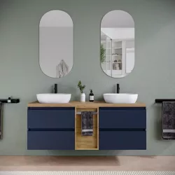 Mobile bagno sospeso 150 cm blu satinato con toletta reversibile e top rovere africa con specchio - Anami