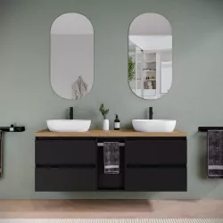 Mobile bagno sospeso 150 cm nero satinato con toletta reversibile e top rovere africa con specchio - Anami