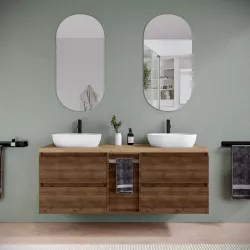 Mobile bagno sospeso 150 cm noce maya con toletta reversibile e top rovere africa con specchio - Anami