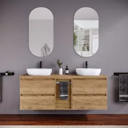 Mobile bagno sospeso 150 cm rovere africa con toletta reversibile e top rovere africa con specchio - Anami