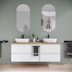 Mobile bagno sospeso 150 cm white satinato con toletta reversibile e top rovere africa con specchio - Anami