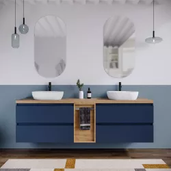 Mobile bagno sospeso 190 cm blu satinato con toletta reversibile e top rovere africa con specchio - Anami