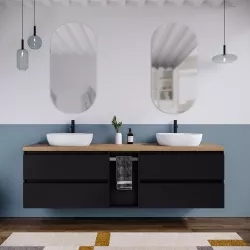 Mobile bagno sospeso 190 cm nero satinato con toletta reversibile e top rovere africa con specchio - Anami