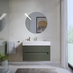 Mobile bagno sospeso 90 cm cannettato a due cassetti verde cemento con lavabo integrato e specchio - Tayga