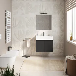 Mobile bagno sospeso 70 cm nero opaco con lavabo integrato e specchio - Cuki