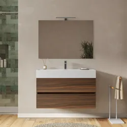 Mobile bagno sospeso 100 cm rovere deciso a due cassetti con lavabo integrato e specchio - Cuki