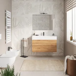 Mobile bagno sospeso 100 cm rovere gold a due cassetti con lavabo integrato e specchio - Cuki