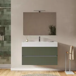 Mobile bagno sospeso 100 cm verde cemento a due cassetti con lavabo integrato e specchio - Cuki
