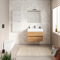 Mobile bagno sospeso 80 cm a due cassetti rovere gold con lavabo integrato e specchio - Cuki