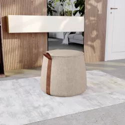 Pouf 50x42h cm in ciniglia beige con dettaglio cuoio - Sashe