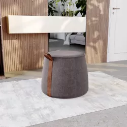 Pouf 50x42h cm in ciniglia grigio con dettaglio cuoio - Sashe