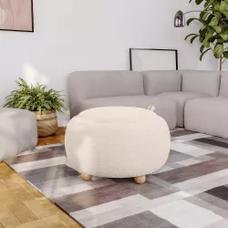 Pouf contenitore 67x38h cm in bouclé bianco con vassoio e piedini in legno - Doze