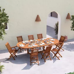 Set pranzo con tavolo allungabile 180/240x120 cm e 8 sedie pieghevoli in legno teak - Louis