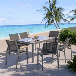 Set pranzo tavolo 150x90 cm top vetro temperato e 6 sedie con braccioli in acciaio grigio - Tamika