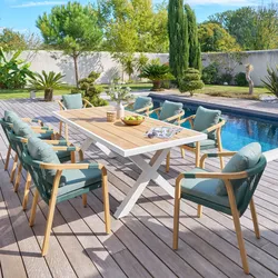Tavolo da giardino 220x100 cm top in legno di acacia e alluminio bianco - Ariona