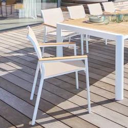 Sedia da giardino con braccioli in legno in alluminio bianco e textilene tortora - Catuja