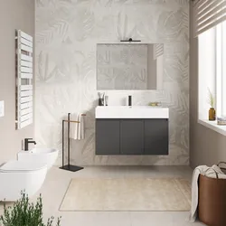 Mobile bagno sospeso 100 cm antracite a tre ante con lavabo integrato e specchio - Cuki
