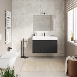 Mobile bagno sospeso 100 cm nero opaco a tre ante con lavabo integrato e specchio - Cuki