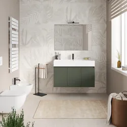Mobile bagno sospeso 100 cm verde cemento a tre ante con lavabo integrato e specchio - Cuki