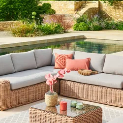 Poltrona angolare in polyrattan naturale con cuscino - Savern